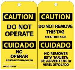 NMC - 3" High x 6" Long, CAUTION - DO NOT OPERATE, English Safety & Facility Lockout Tag - Tag Header: CAUTION, 2 Sides, Black & Yellow Unrippable Vinyl - Exact Tooling