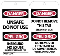 NMC - 3" High x 6" Long, DANGER - UNSAFE DO NOT USE, English Safety & Facility Lockout Tag - Tag Header: Danger, 2 Sides, Black, Red & White Unrippable Vinyl - Exact Tooling