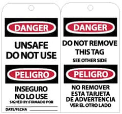 NMC - 3" High x 6" Long, DANGER - UNSAFE DO NOT USE, English Safety & Facility Lockout Tag - Tag Header: Danger, 2 Sides, Black, Red & White Unrippable Vinyl - Exact Tooling