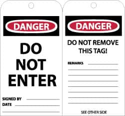 NMC - 3" High x 6" Long, DANGER - DO NOT ENTER, English Safety & Facility Lockout Tag - Tag Header: Danger, 2 Sides, Black, Red & White Unrippable Vinyl - Exact Tooling
