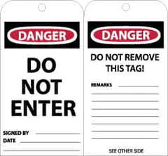 NMC - 3" High x 6" Long, DANGER - DO NOT ENTER, English Safety & Facility Lockout Tag - Tag Header: Danger, 2 Sides, Black, Red & White Unrippable Vinyl - Exact Tooling