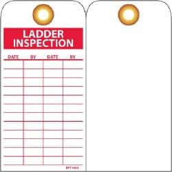 NMC - 3" High x 6" Long, LADDER INSPECTION, English Safety & Facility Inspection Tag - Tag Header: Danger, 1 Side, Red & White Unrippable Vinyl - Exact Tooling