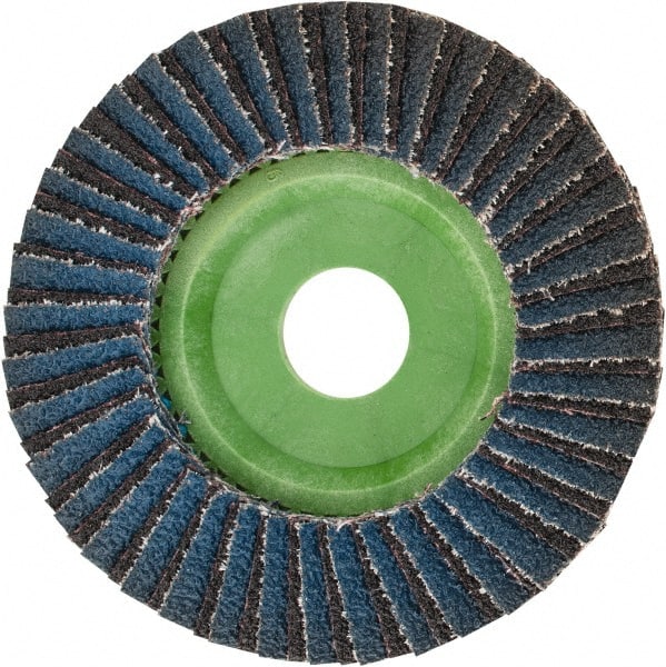 Norton - 40 Grit, 4-1/2" Disc Diam, 7/8" Center Hole, Type 27 Ceramic Alumina Flap Disc - 13,300 Max RPM, Polyester Backing, Arbor Attaching System, Coated - Exact Tooling