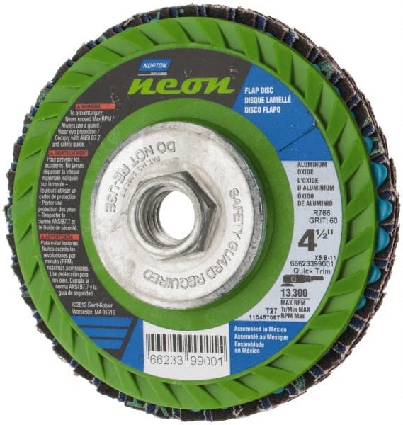 Norton - 60 Grit, 4-1/2" Disc Diam, 5/8-11 Center Hole, Type 27 Ceramic Alumina Flap Disc - 13,300 Max RPM, Polyester Backing, Arbor Attaching System, Coated - Exact Tooling