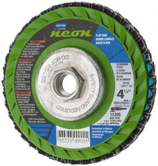 Norton - 60 Grit, 4-1/2" Disc Diam, 5/8-11 Center Hole, Type 27 Ceramic Alumina Flap Disc - 13,300 Max RPM, Polyester Backing, Arbor Attaching System, Coated - Exact Tooling