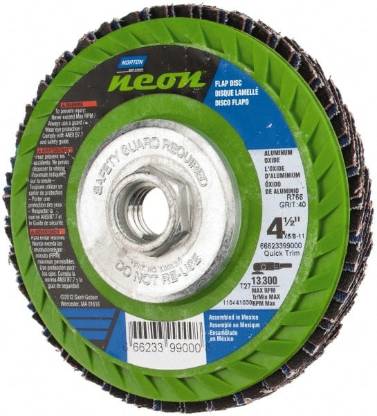 Norton - 40 Grit, 4-1/2" Disc Diam, 5/8-11 Center Hole, Type 27 Ceramic Alumina Flap Disc - 13,300 Max RPM, Polyester Backing, Arbor Attaching System, Coated - Exact Tooling