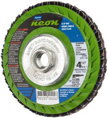 Norton - 40 Grit, 4-1/2" Disc Diam, 5/8-11 Center Hole, Type 27 Ceramic Alumina Flap Disc - 13,300 Max RPM, Polyester Backing, Arbor Attaching System, Coated - Exact Tooling