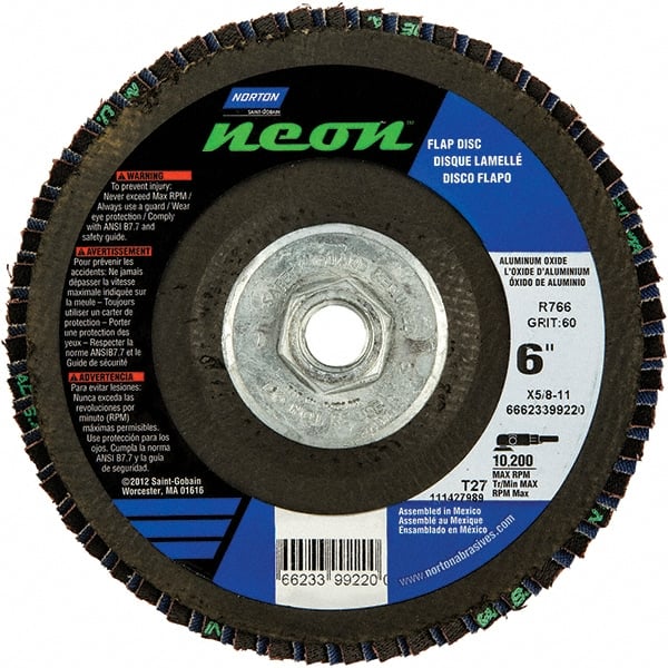 Norton - 80 Grit, 6" Disc Diam, 5/8-11 Center Hole, Type 27 Ceramic Alumina Flap Disc - 10,200 Max RPM, Polyester Backing, Arbor Attaching System, Coated - Exact Tooling