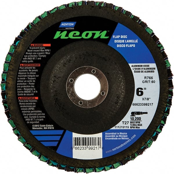 Norton - 60 Grit, 6" Disc Diam, 7/8" Center Hole, Type 27 Ceramic Alumina Flap Disc - 10,200 Max RPM, Polyester Backing, Arbor Attaching System, Coated - Exact Tooling