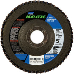 Norton - 36 Grit, 5" Disc Diam, 7/8" Center Hole, Type 27 Ceramic Alumina Flap Disc - 12,000 Max RPM, Polyester Backing, Arbor Attaching System, Coated - Exact Tooling