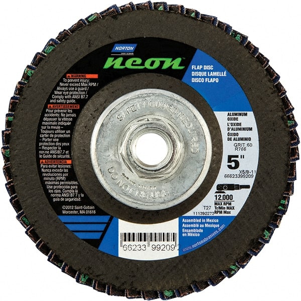 Norton - 60 Grit, 5" Disc Diam, 5/8-11 Center Hole, Type 27 Ceramic Alumina Flap Disc - 12,000 Max RPM, Polyester Backing, Arbor Attaching System, Coated - Exact Tooling