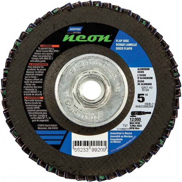Norton - 40 Grit, 5" Disc Diam, 5/8-11 Center Hole, Type 27 Ceramic Alumina Flap Disc - 12,000 Max RPM, Polyester Backing, Arbor Attaching System, Coated - Exact Tooling