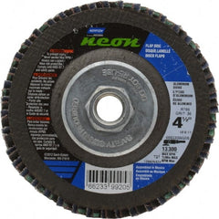 Norton - 36 Grit, 4-1/2" Disc Diam, 5/8-11 Center Hole, Type 27 Ceramic Alumina Flap Disc - 13,300 Max RPM, Polyester Backing, Arbor Attaching System, Coated - Exact Tooling