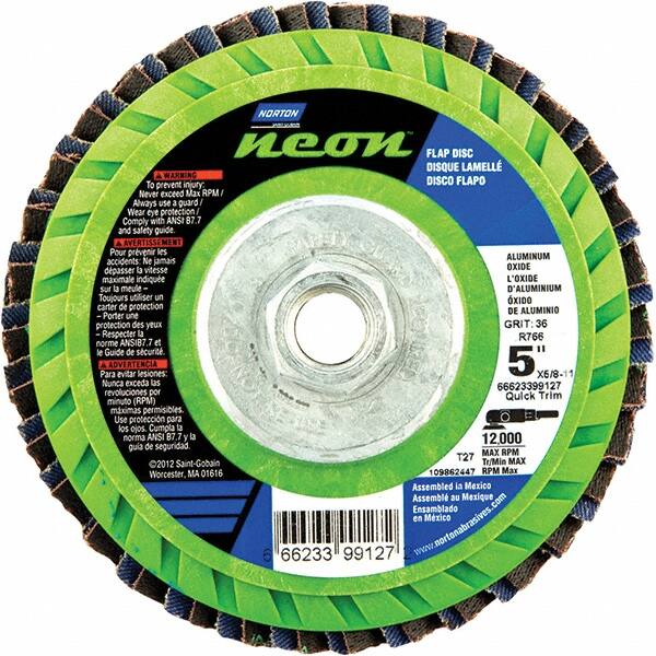 Norton - 60 Grit, 5" Disc Diam, 5/8-11 Center Hole, Type 27 Ceramic Alumina Flap Disc - 12,000 Max RPM, Polyester Backing, Arbor Attaching System, Coated - Exact Tooling