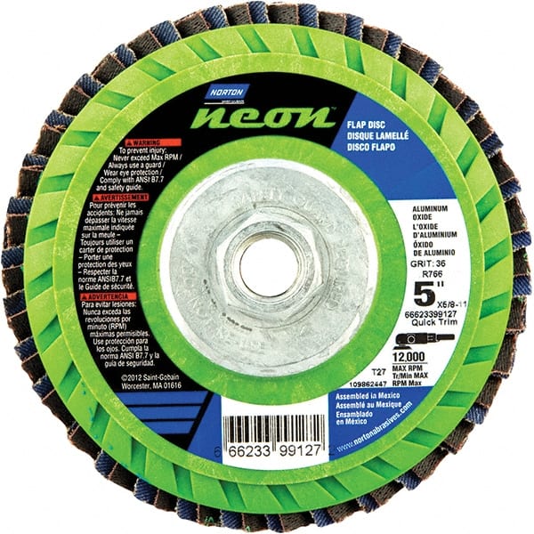 Norton - 36 Grit, 5" Disc Diam, 5/8-11 Center Hole, Type 27 Ceramic Alumina Flap Disc - 12,000 Max RPM, Polyester Backing, Arbor Attaching System, Coated - Exact Tooling