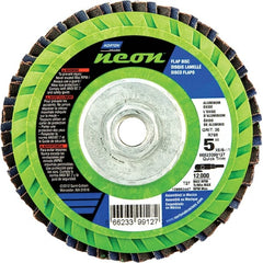 Norton - 36 Grit, 5" Disc Diam, 5/8-11 Center Hole, Type 27 Ceramic Alumina Flap Disc - 12,000 Max RPM, Polyester Backing, Arbor Attaching System, Coated - Exact Tooling