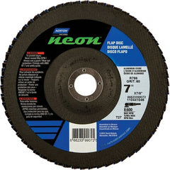 Norton - 36 Grit, 7" Disc Diam, 7/8" Center Hole, Type 27 Ceramic Alumina Flap Disc - 8,600 Max RPM, Polyester Backing, Arbor Attaching System, Coated - Exact Tooling