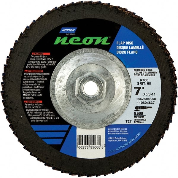 Norton - 40 Grit, 7" Disc Diam, 5/8-11 Center Hole, Type 27 Ceramic Alumina Flap Disc - 8,600 Max RPM, Polyester Backing, Arbor Attaching System, Coated - Exact Tooling