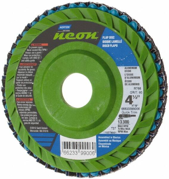 Norton - 80 Grit, 4-1/2" Disc Diam, 7/8" Center Hole, Type 27 Ceramic Alumina Flap Disc - 13,300 Max RPM, Polyester Backing, Arbor Attaching System, Coated - Exact Tooling