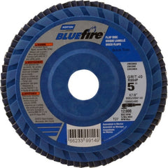 Norton - 40 Grit, 5" Disc Diam, 7/8" Center Hole, Type 27 Zirconia Alumina Flap Disc - 12,000 Max RPM, Cloth Backing, Arbor Attaching System, Coated - Exact Tooling