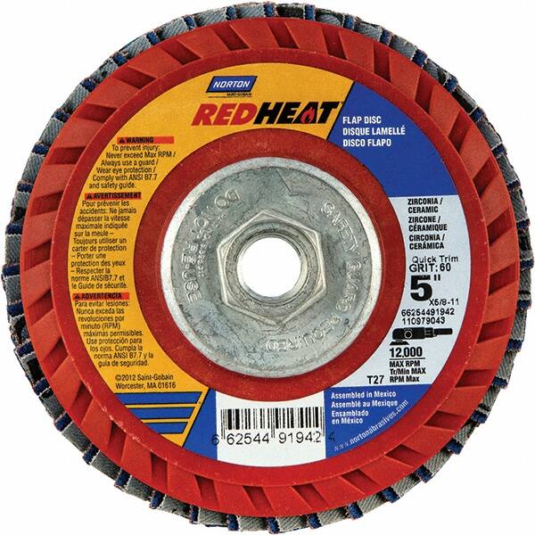 Norton - 40 Grit, 5" Disc Diam, 5/8-11 Center Hole, Type 27 Ceramic Alumina Flap Disc - 12,000 Max RPM, Cloth Backing, Arbor Attaching System, Coated - Exact Tooling