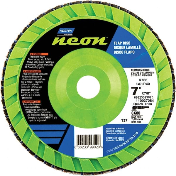 Norton - 80 Grit, 7" Disc Diam, 7/8" Center Hole, Type 27 Ceramic Alumina Flap Disc - 8,600 Max RPM, Polyester Backing, Arbor Attaching System, Coated - Exact Tooling