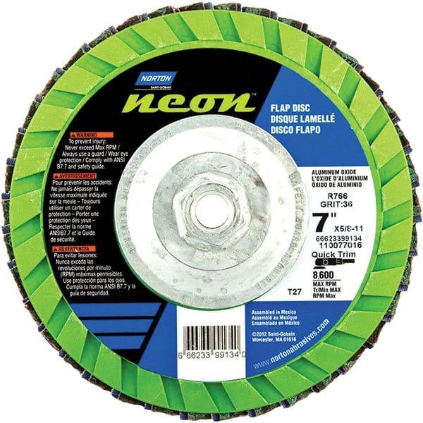 Norton - 80 Grit, 7" Disc Diam, 5/8-11 Center Hole, Type 27 Ceramic Alumina Flap Disc - 8,600 Max RPM, Polyester Backing, Arbor Attaching System, Coated - Exact Tooling