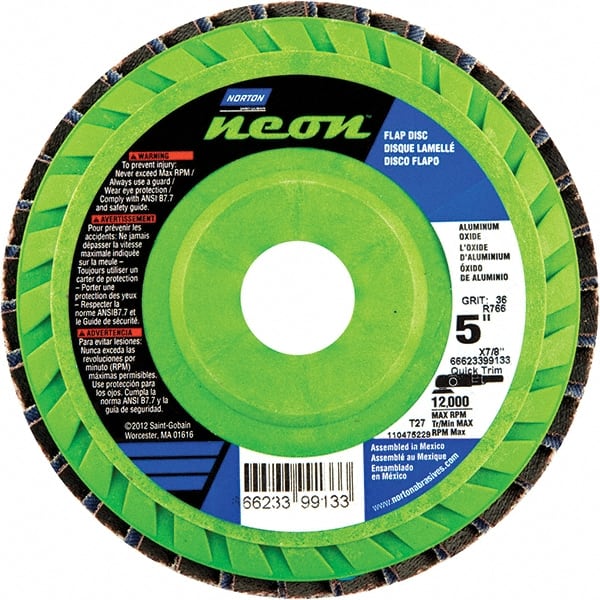 Norton - 120 Grit, 5" Disc Diam, 7/8" Center Hole, Type 27 Ceramic Alumina Flap Disc - 12,000 Max RPM, Polyester Backing, Arbor Attaching System, Coated - Exact Tooling