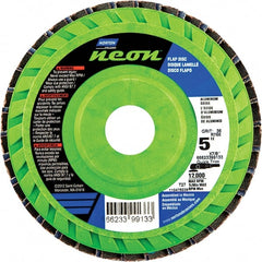 Norton - 80 Grit, 5" Disc Diam, 7/8" Center Hole, Type 27 Ceramic Alumina Flap Disc - 12,000 Max RPM, Polyester Backing, Arbor Attaching System, Coated - Exact Tooling