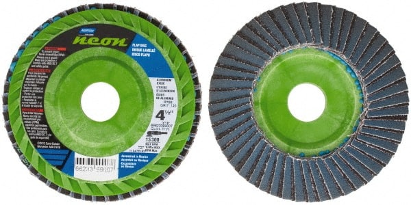 Norton - 120 Grit, 4-1/2" Disc Diam, 7/8" Center Hole, Type 27 Ceramic Alumina Flap Disc - 13,300 Max RPM, Polyester Backing, Arbor Attaching System, Coated - Exact Tooling