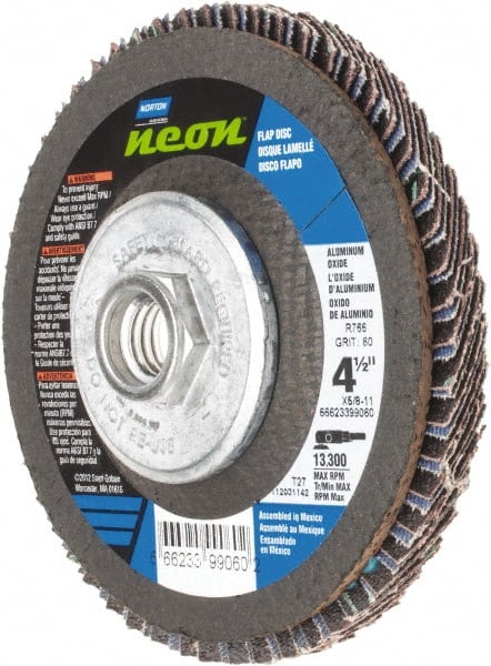 Norton - 60 Grit, 4-1/2" Disc Diam, 5/8-11 Center Hole, Type 27 Ceramic Alumina Flap Disc - 13,300 Max RPM, Polyester Backing, Arbor Attaching System, Coated - Exact Tooling
