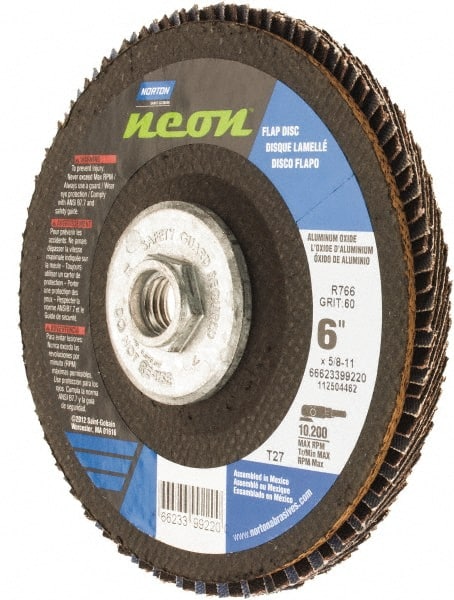 Norton - 60 Grit, 6" Disc Diam, 5/8-11 Center Hole, Type 27 Ceramic Alumina Flap Disc - 10,200 Max RPM, Polyester Backing, Arbor Attaching System, Coated - Exact Tooling