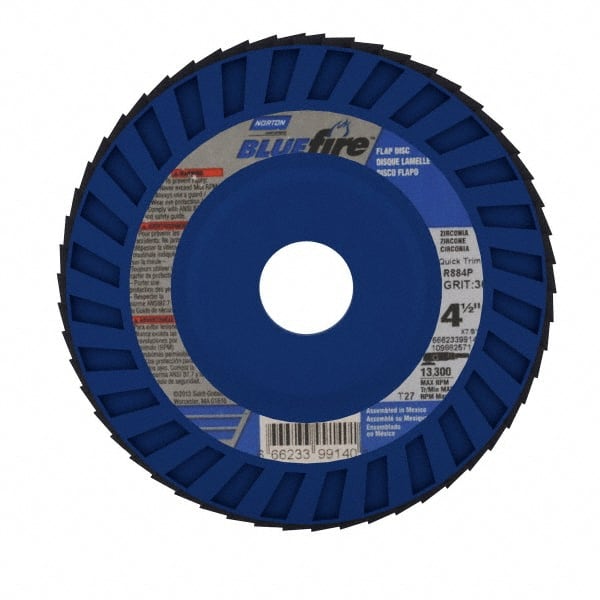 Norton - 36 Grit, 4-1/2" Disc Diam, 7/8" Center Hole, Type 27 Zirconia Alumina Flap Disc - 13,300 Max RPM, Cloth Backing, Arbor Attaching System, Coated - Exact Tooling