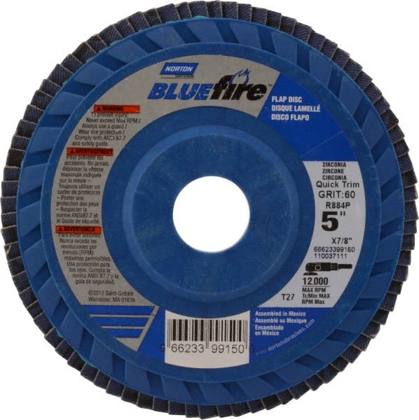 Norton - 60 Grit, 5" Disc Diam, 7/8" Center Hole, Type 27 Zirconia Alumina Flap Disc - 12,000 Max RPM, Cloth Backing, Arbor Attaching System, Coated - Exact Tooling
