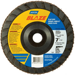 Norton - 120 Grit, 7" Disc Diam, 7/8" Center Hole, Type 27 Ceramic Alumina Flap Disc - 8,600 Max RPM, Polyester Backing, Arbor Attaching System, Coated - Exact Tooling