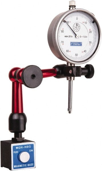 Fowler - 0.001" Graduation, 1" Max Meas, 0-100 Dial Reading, Dial Indicator & Base Kit - 1.19" Base Length x 1.19" Base Width x 1.2" Base Height, 2-1/4" Dial Diam - Exact Tooling