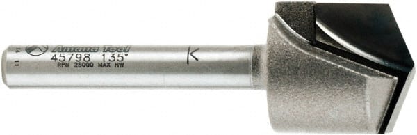 Amana Tool - 23/32" Cut Diam, 1/2" Length of Cut, 2 Flute V-Groove Edge Profile Router Bit - Carbide-Tipped, 1/4" Shank Diam, 2-1/4" OAL, Uncoated - Exact Tooling