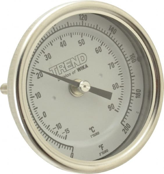 Wika - 2-1/2 Inch Long Stem, 3 Inch Dial Diameter, Stainless Steel, Back Connected Bi-Metal Thermometer - -15 to 90°C, 1% Accuracy - Exact Tooling