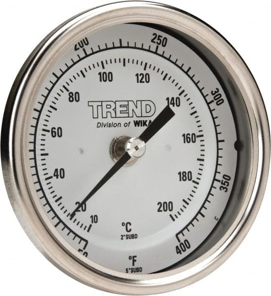 Wika - 2-1/2 Inch Long Stem, 3 Inch Dial Diameter, Stainless Steel, Back Connected Bi-Metal Thermometer - 10 to 200°C, 1% Accuracy - Exact Tooling