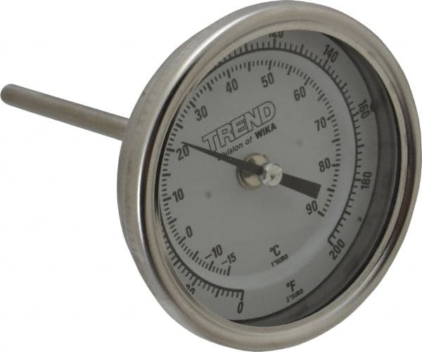 Wika - 4 Inch Long Stem, 3 Inch Dial Diameter, Stainless Steel, Back Connected Bi-Metal Thermometer - -15 to 90°C, 1% Accuracy - Exact Tooling