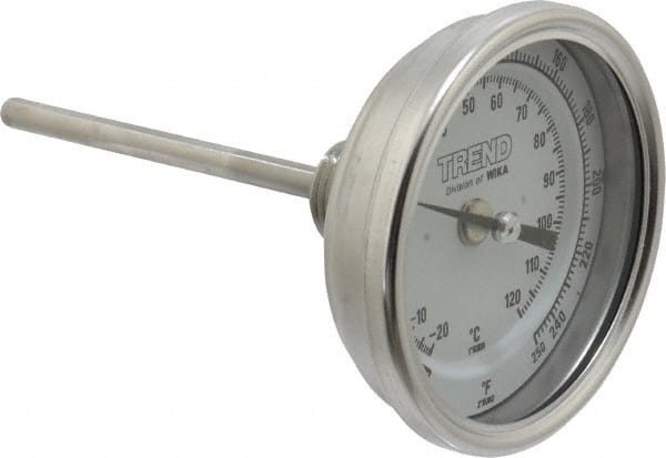Wika - 4 Inch Long Stem, 3 Inch Dial Diameter, Stainless Steel, Back Connected Bi-Metal Thermometer - -20 to 120°C, 1% Accuracy - Exact Tooling