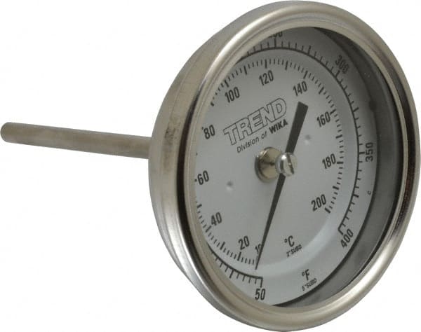 Wika - 4 Inch Long Stem, 3 Inch Dial Diameter, Stainless Steel, Back Connected Bi-Metal Thermometer - 10 to 200°C, 1% Accuracy - Exact Tooling