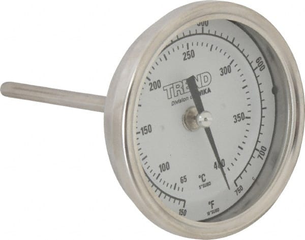 Wika - 4 Inch Long Stem, 3 Inch Dial Diameter, Stainless Steel, Back Connected Bi-Metal Thermometer - 65 to 400°C, 1% Accuracy - Exact Tooling