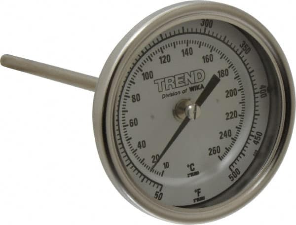 Wika - 6 Inch Long Stem, 3 Inch Dial Diameter, Stainless Steel, Back Connected Bi-Metal Thermometer - 10 to 260°C, 1% Accuracy - Exact Tooling