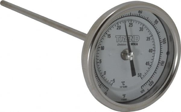 Wika - 9 Inch Long Stem, 3 Inch Dial Diameter, Stainless Steel, Back Connected Bi-Metal Thermometer - -5 to 50°C, 1% Accuracy - Exact Tooling