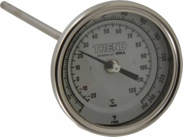 Wika - 9 Inch Long Stem, 3 Inch Dial Diameter, Stainless Steel, Back Connected Bi-Metal Thermometer - -20 to 120°C, 1% Accuracy - Exact Tooling