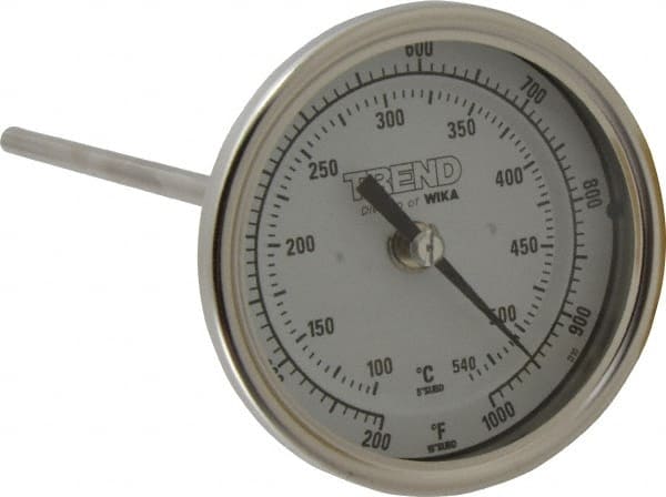 Wika - 9 Inch Long Stem, 3 Inch Dial Diameter, Stainless Steel, Back Connected Bi-Metal Thermometer - 100 to 540°C, 1% Accuracy - Exact Tooling