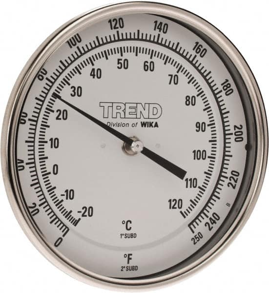 Wika - 2-1/2 Inch Long Stem, 5 Inch Dial Diameter, Stainless Steel, Back Connected Bi-Metal Thermometer - -20 to 120°C, 1% Accuracy - Exact Tooling