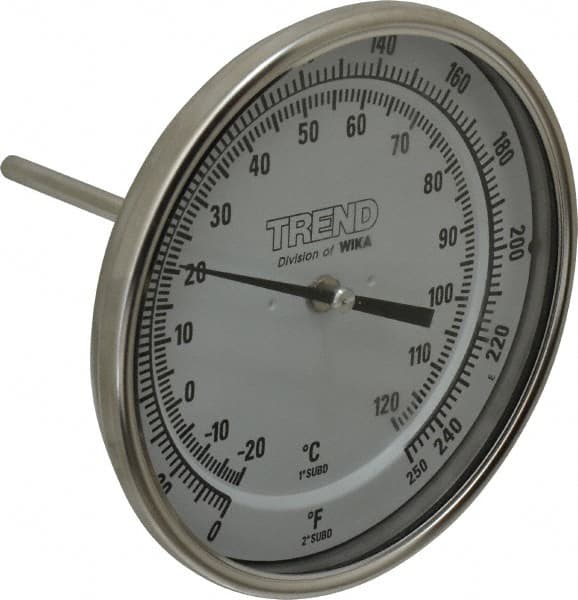 Wika - 4 Inch Long Stem, 5 Inch Dial Diameter, Stainless Steel, Back Connected Bi-Metal Thermometer - -20 to 120°C, 1% Accuracy - Exact Tooling