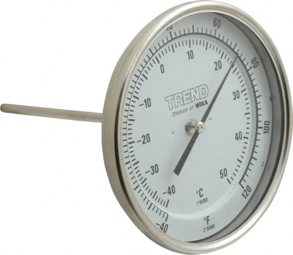 Wika - 6 Inch Long Stem, 5 Inch Dial Diameter, Stainless Steel, Back Connected Bi-Metal Thermometer - -40 to 50°C, 1% Accuracy - Exact Tooling